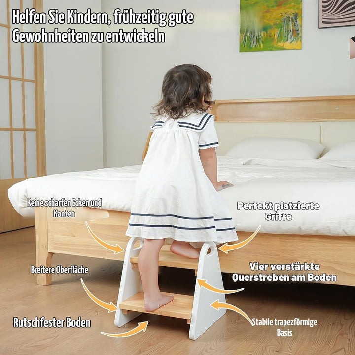 2-stufiger Tritthocker für Kinder aus Naturmaterial, Hocker &amp; Trittstuhl Trittpult, Kindertreppe für