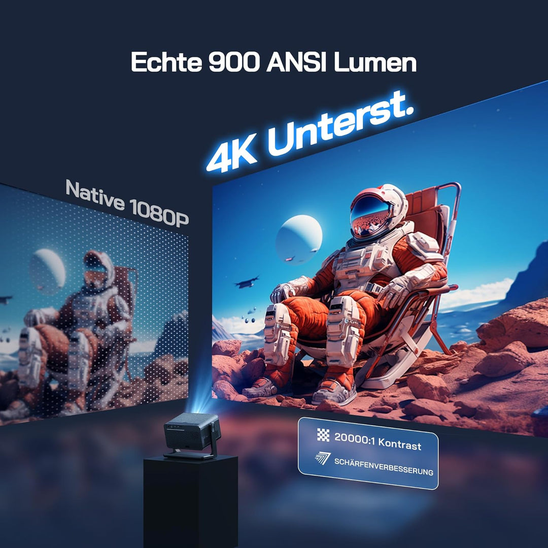 WOLFANG Mini Beamer 4K【Netflix Official & Autofokus/Trapezkorrektur】, 28000 Lumen WiFi 6 Smart Proje