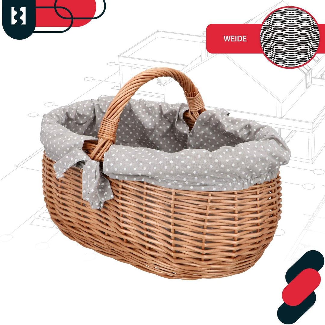 KOTARBAU® Picknickkorb Weidenkorb 47 cm Naturfarbe Einkaufskorb mit Grau Stoffeinsatz Osterkorb Gesc
