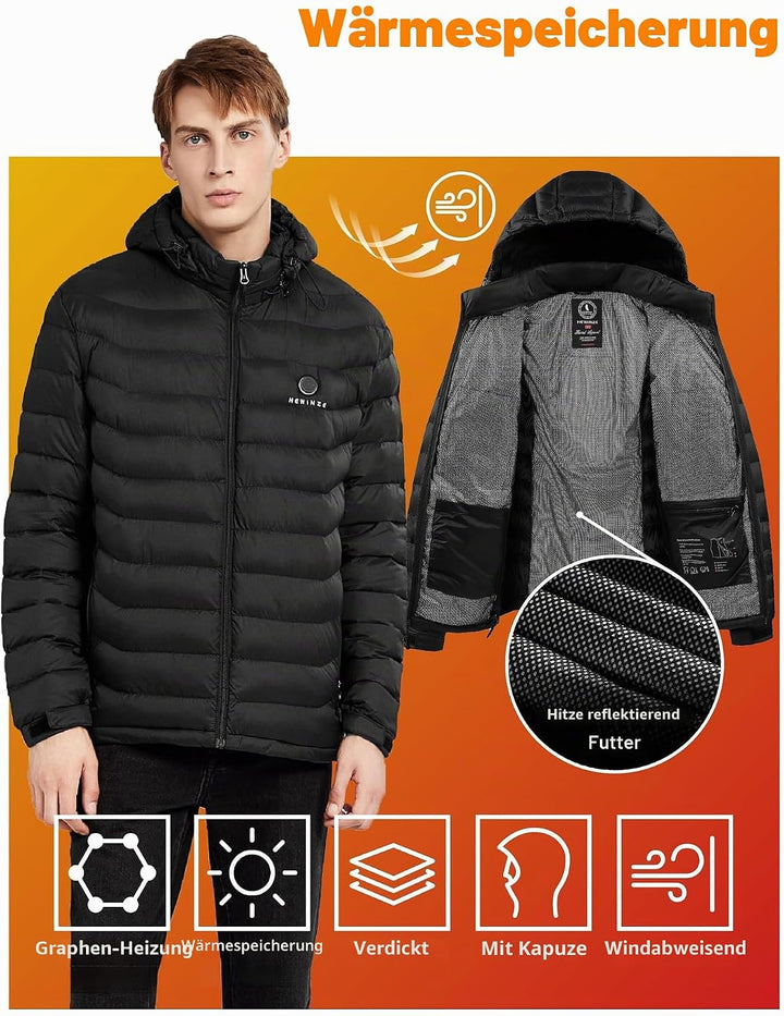 HEWINZE Beheizbare Jacke Herren mit kapuze,Warme Pufferjacke Damen mit akku 5V 10000mAh,Winterjacke