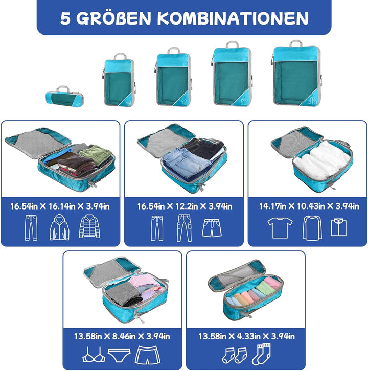 5-teilig Kompressions Packwürfel Set für Reisen, Compression Packing Cube zur Organisation Ihres Rei