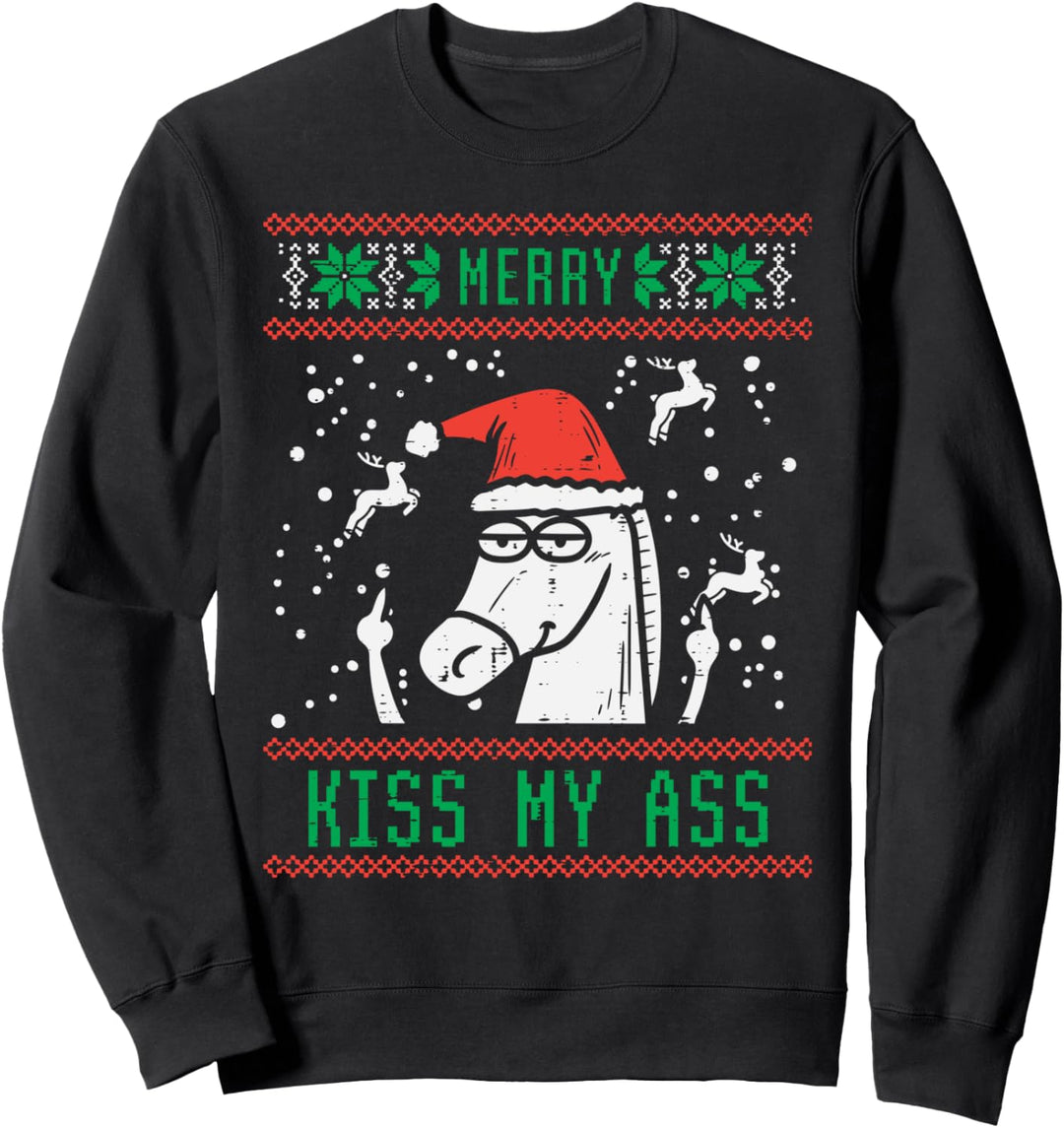 Merry Kiss My Ass Santa Horse Funny Ugly Christmas Xmas Gift Sweatshirt