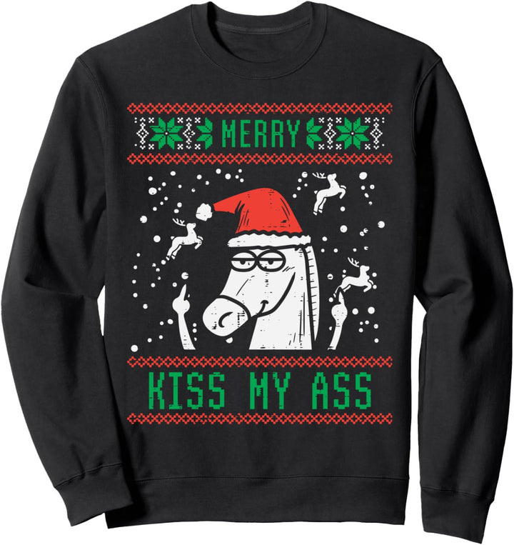 Merry Kiss My Ass Santa Horse Funny Ugly Christmas Xmas Gift Sweatshirt