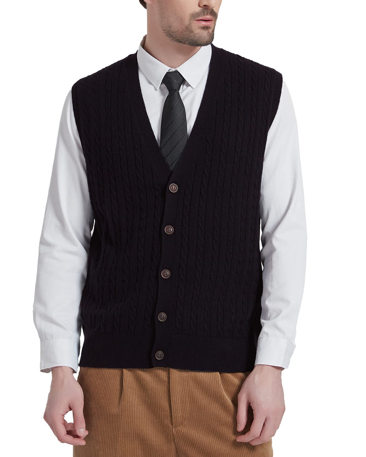 Kallspin Herren Strickweste Ärmellos Cardigan Wollmischung mit Zopfmuster und Knöpfen S Schwarz, S S
