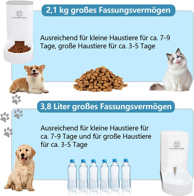 UUE Automatischer Futterspender Katze, 2.1kg Futterautomat Katze und 3.8L Wasserspender Hund, Set zu