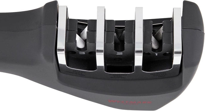 Westmark 3 Stufen-Messerschärfer mit Diamant-/Wolfram-/Keramik-Schleifsteinen, Deluxe, Schwarz/Silbe