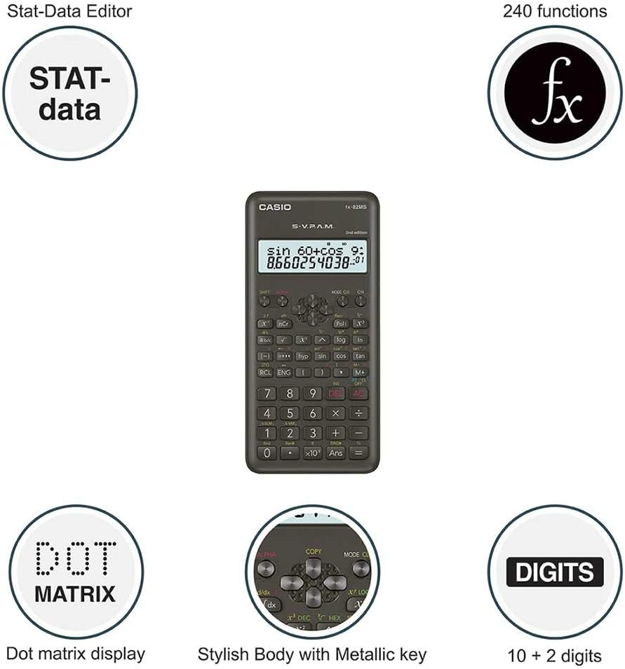 Casio fx-82MS Taschenrechner, wissenschaftlicher Taschenrechner, Schwarz, 12 Ziffern, 2 Zeilen, Batt