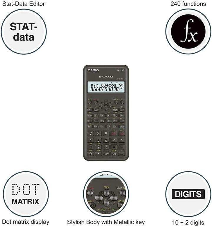 Casio fx-82MS Taschenrechner, wissenschaftlicher Taschenrechner, Schwarz, 12 Ziffern, 2 Zeilen, Batt