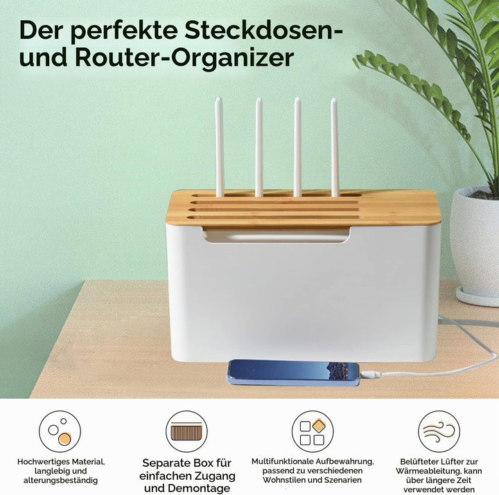 Buachois Kabelmanagement Box mit Holz Deckel und Regal, 31 x 18 x 16,5cm Weiss Kunststoff Kabelbox G