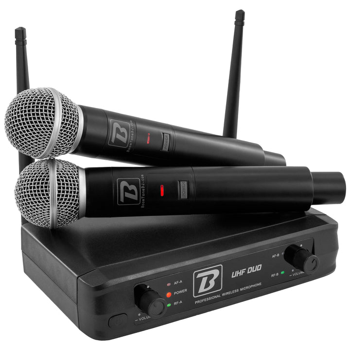 BoomToneDJ UHF Duo – komplettes kabelloses UHF-Mikrofonsystem – 2 dynamische Handmikrofone – Dual Ch