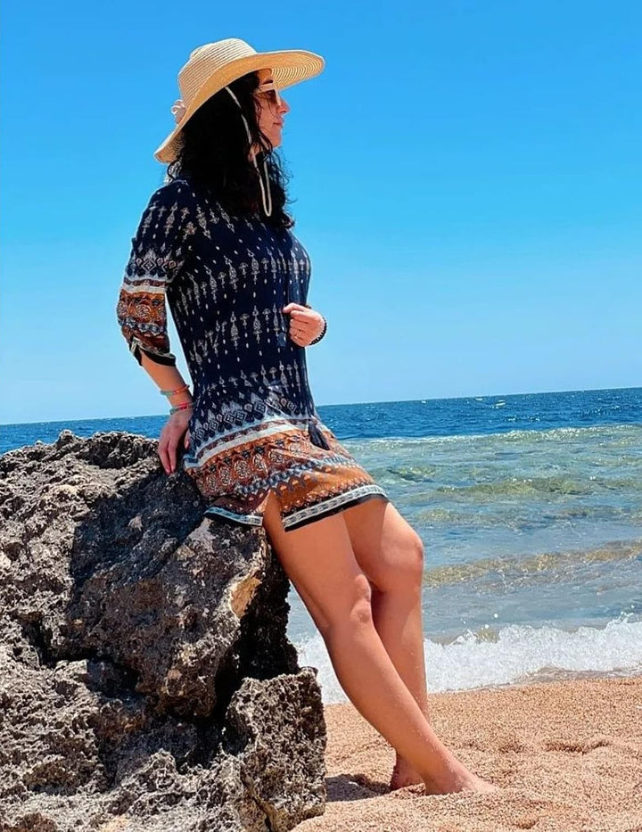 Beyove Damen Bohemian Tunika Kleid Strandkleid Sommerkleider Vintage Strandtunika 3/4-Arm Rundhals K