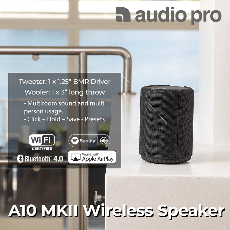 Audio Pro A10 MkII - Kabelloser Multiroom Lautsprecher mit Bluetooth & WiFi - Kleiner Tragbarer Ster