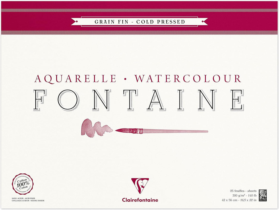 Clairefontaine 96417C Malblock, 4-seitig verleimt Aquarellpapier Feinkörnig, Fontaine/Hadern, 42 x 5