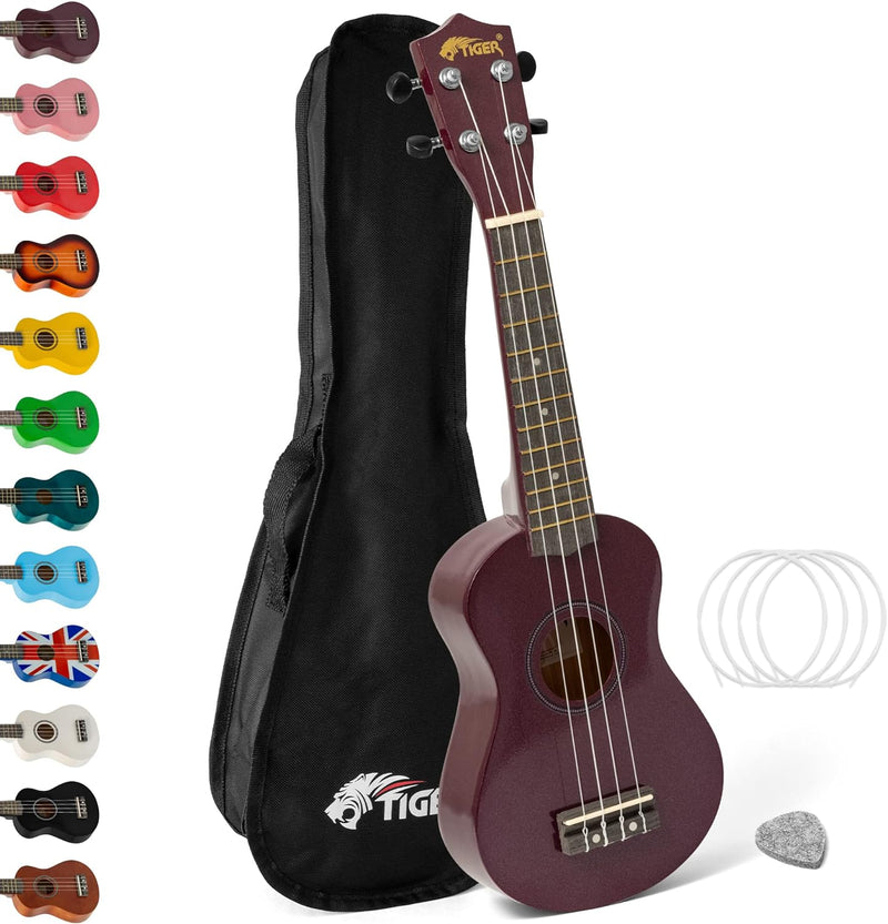 Tiger UKE7-PP Sopran Ukulele mit Tasche - für Anfänger - Violett Ukulele und Börse Violett, Ukulele