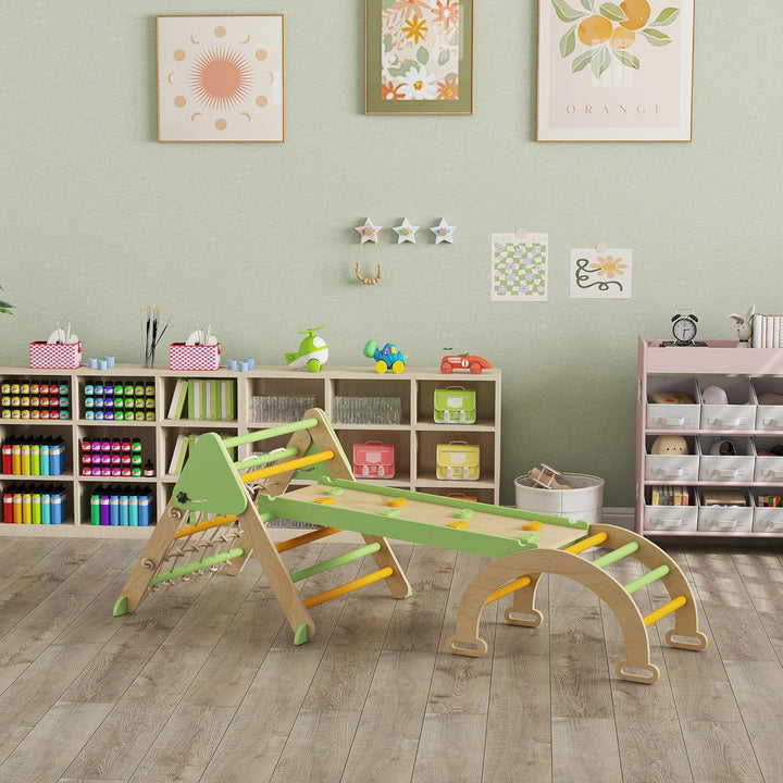 AIYAPLAY 8-in-1 Montessori Klettergerüst Indoor Holz Kletterdreieck mit Kletterbogen, doppelseitiger