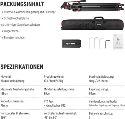 NEEWER 74" Pro Videostativ mit Einstellbarem Dämpfung Fluidkopf,Metall Dual Mode QR Platte,kompatibe