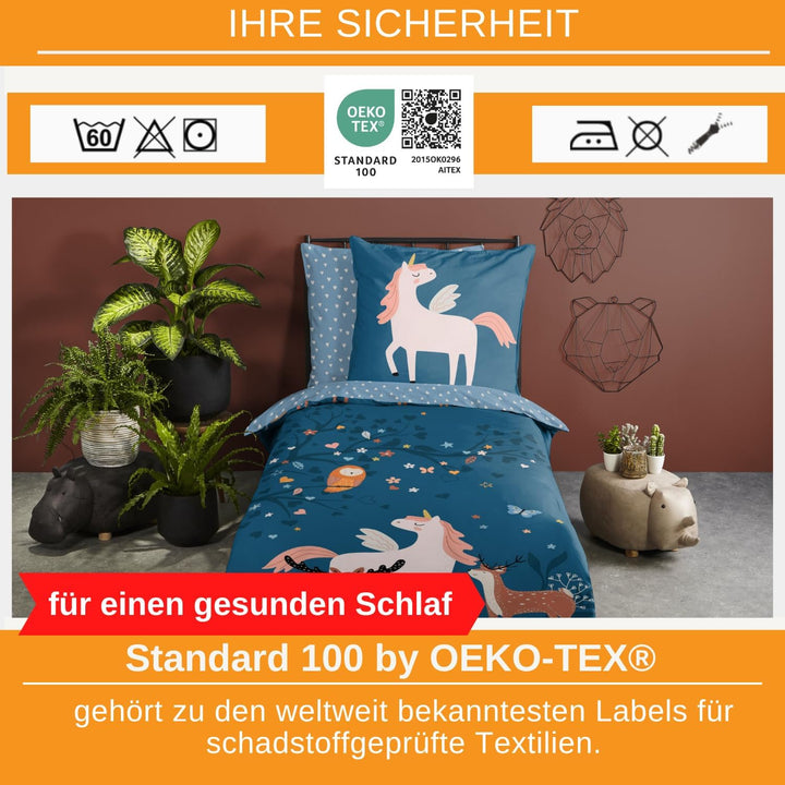 Aminata kids Bettwäsche Mädchen Einhorn 135 x 200 Baumwolle mit YKK Reissverschluss - Kinder-Bettwäs