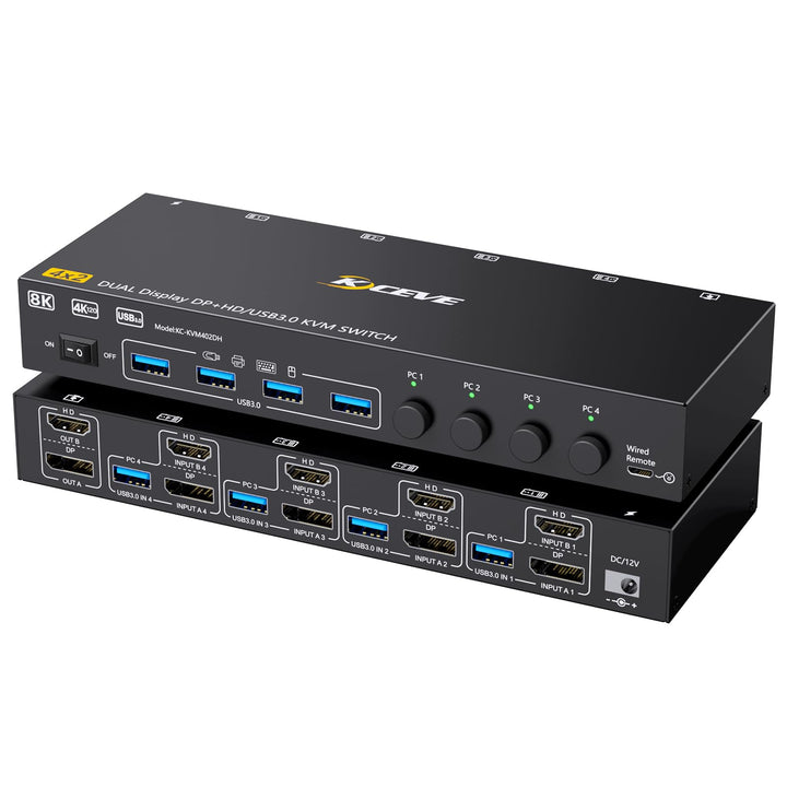 KVM Switch 4 PC 2 Monitore HDMI Displayport 8K@60Hz 4K@144Hz, USB 3.0 KVM Switch Dual Monitor for 4