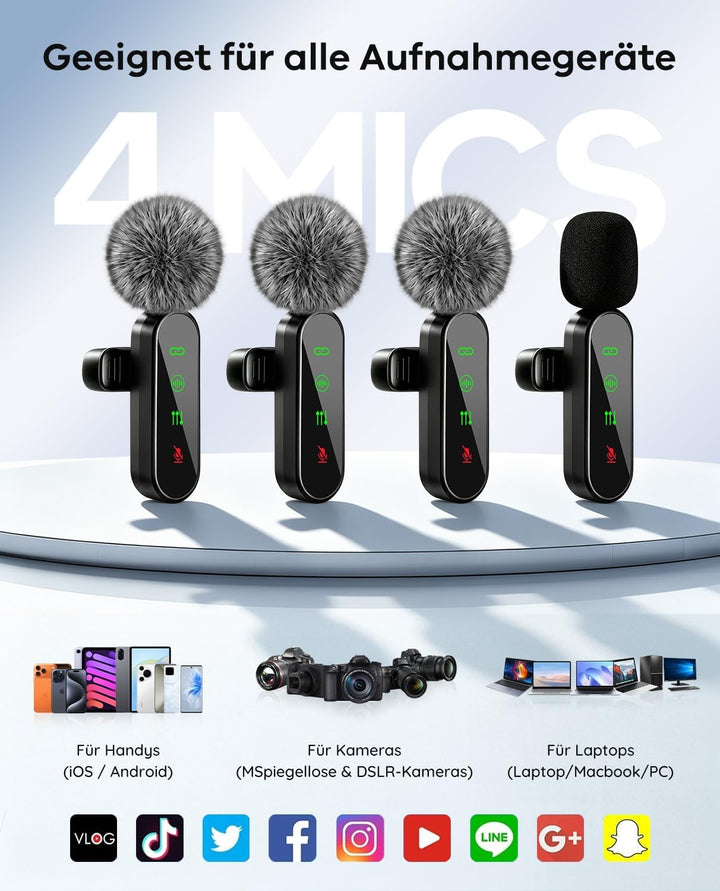 4er-Set kabelloses Lavalier Mikrofon für iPhone und Android-Handy | Mini Ansteckmikrofon mit Rauschu