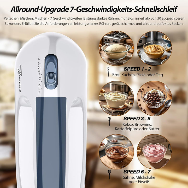 Handmixer, 7-stufig einstellbarer Küchenmixer, 304 Edelstahl-Zubehörteile (2X Knethaken, 2X Rührstäb