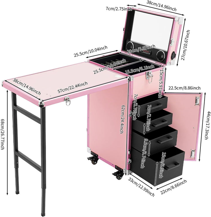 Nageltisch Maniküretisch, Faltbar Mobile Rolling Maniküre Tisch mit Fernbedienung und Make-up-Zug Ko