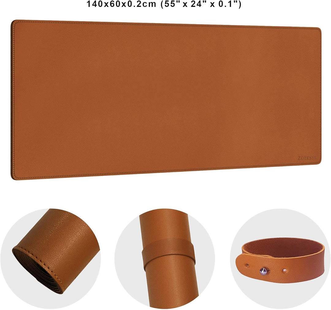 ZORESYN Schreibtischunterlage 140x60cm (Braun) - Premium Kunstleder Tischmatte mit Rutschfester Unte