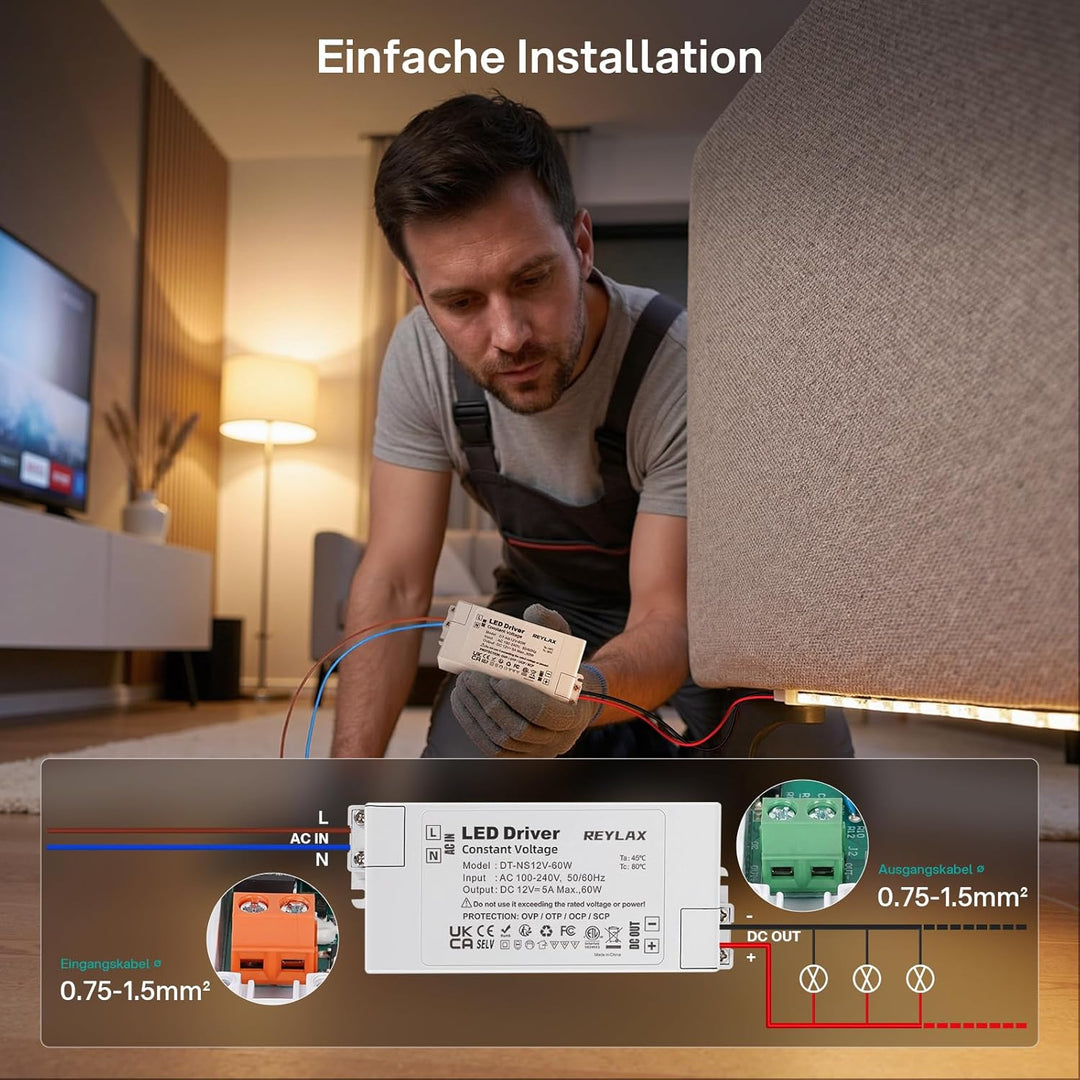 REYLAX LED Transformator 12V 60W, Treiber Elektronischer Trafo, 5A Trafo 230V Auf 12V DC Schalt Nied