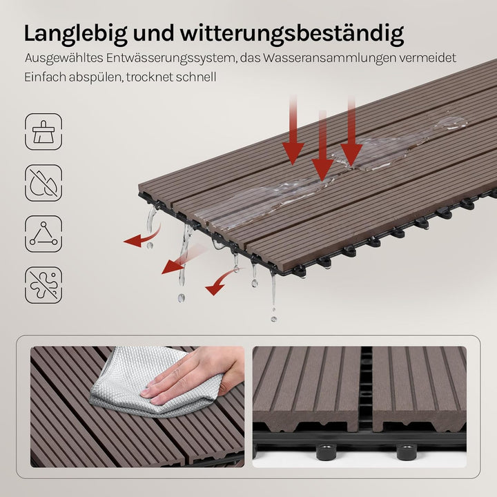 WOLTU WPC Fliese, Terrassenfliesen Holz-Optik, Bodenbelag mit Klicksystem, 30 x 60 cm, Braun (12 Stü