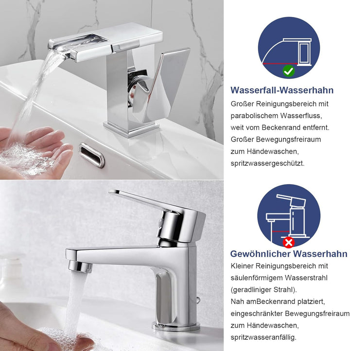 Batterielose LED Wasserhahn Bad, OUGOO Wasserfall RGB 3 Farbwechsel Waschtischarmatur nach Temperatu