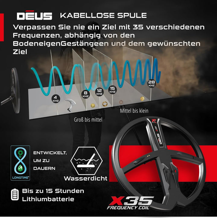 XP Metal Detectors Deus - regenfest und 100% kabellos, für die Suche nach Schätzen und Relikten - Su