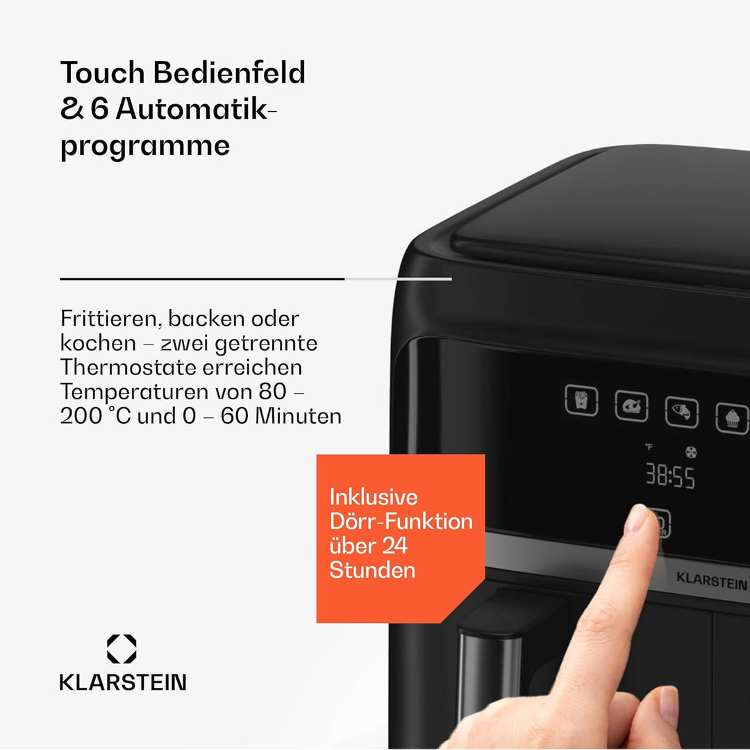 Klarstein Heissluftfritteuse, Airfryer mit 2 Kammern, 2850W Kompakte Heissluftfritteuse, 7,6L Luft-F