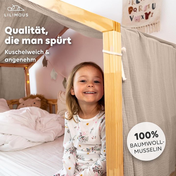 lilimaus Hausbett Himmel [Beige] - Betthimmel Hausbett aus 100% Baumwolle Musselin Handmade - Stoffh