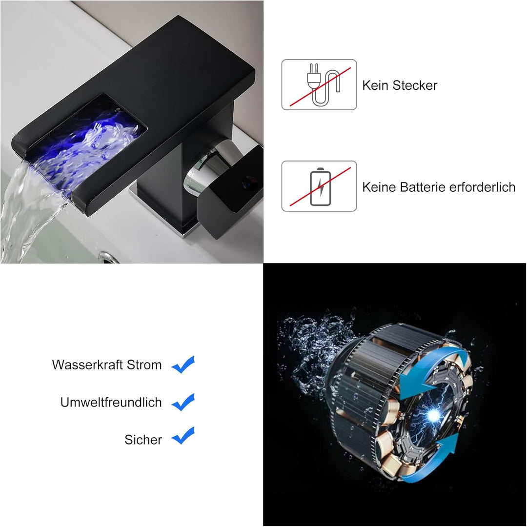 KEOKBON LED Lichter Bad Wasserhahn Schwarz, Farbtemperatur Wasserfall Waschtischarmatur, 3 Farbe Was