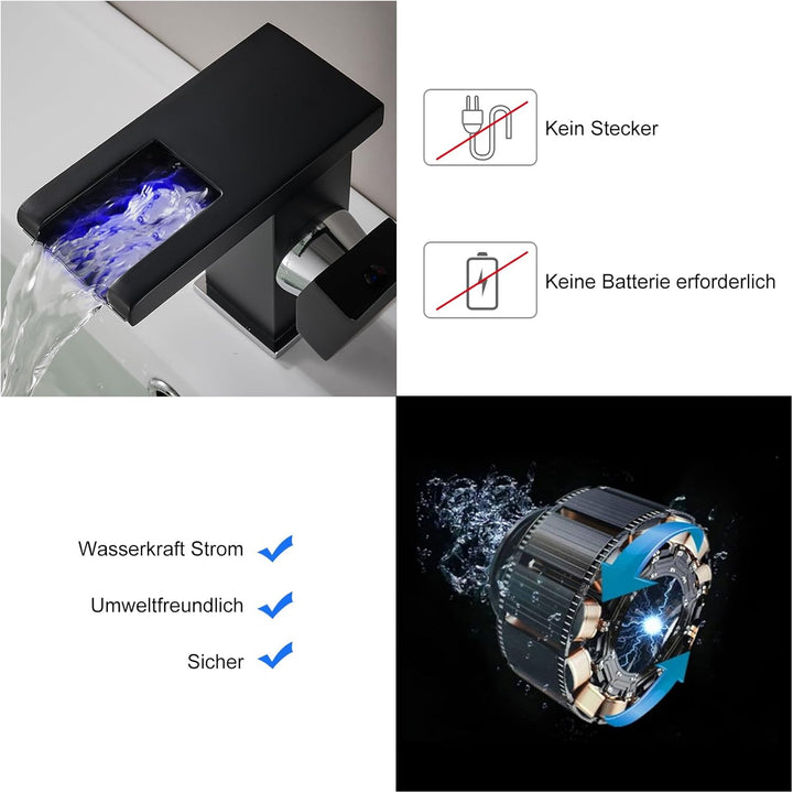 KEOKBON LED Lichter Bad Wasserhahn Schwarz, Farbtemperatur Wasserfall Waschtischarmatur, 3 Farbe Was