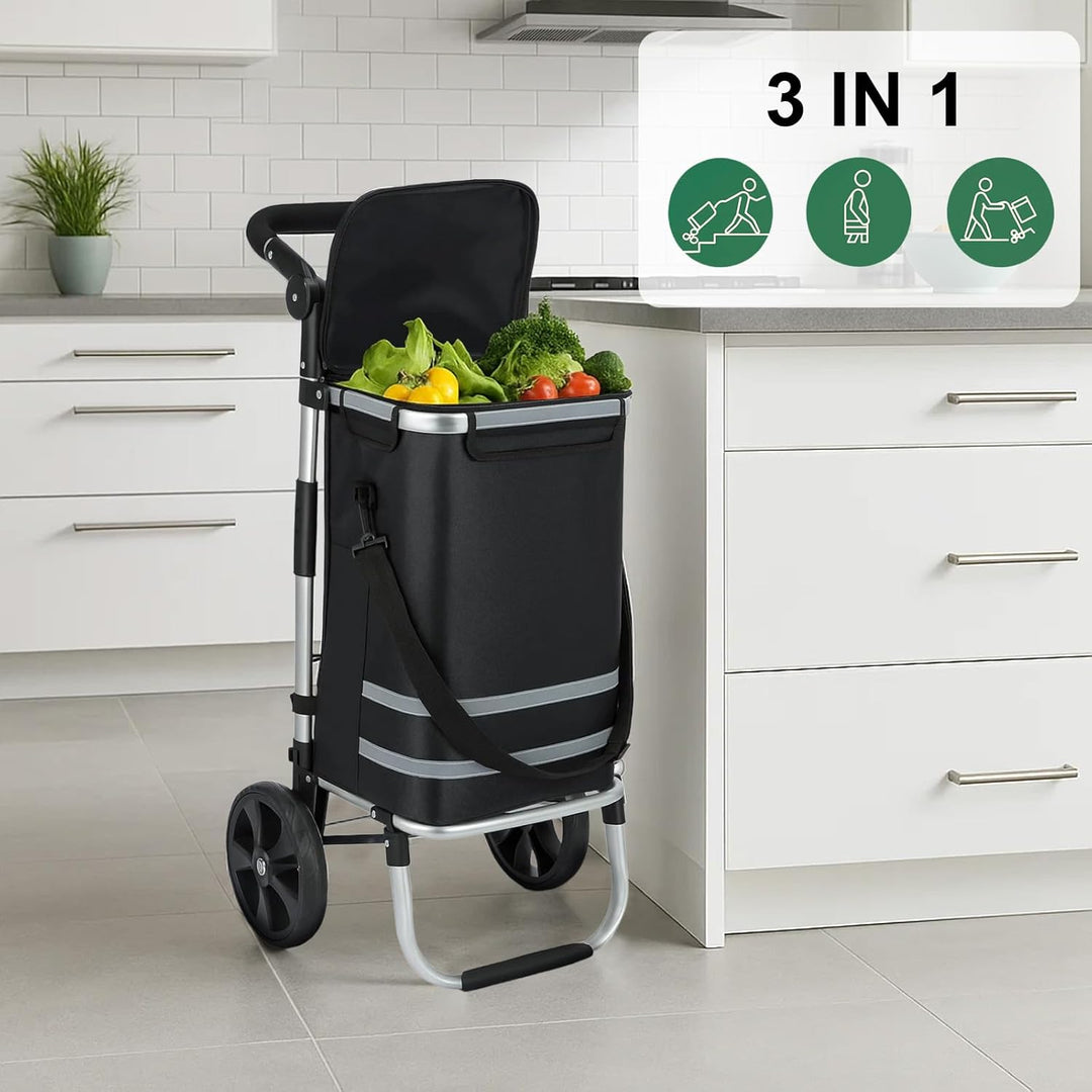 Einkaufstrolley 64 L, klappbarer Einkaufswagen mit Aluminiumrahmen, bis 60 kg Tragkraft, grosse Roll