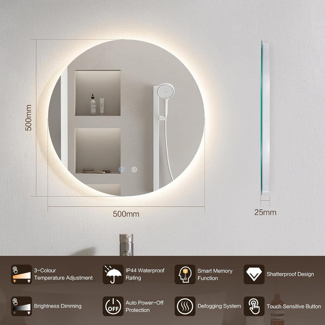 Badspiegel mit Beleuchtung Rund, Wandmontage, Touch-Schalter, LED Spiegel mit 3 Lichtfarben Dimmbar,