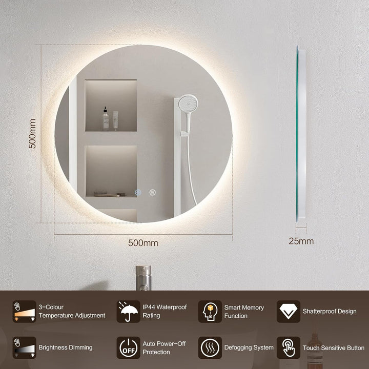 Badspiegel mit Beleuchtung Rund, Wandmontage, Touch-Schalter, LED Spiegel mit 3 Lichtfarben Dimmbar,