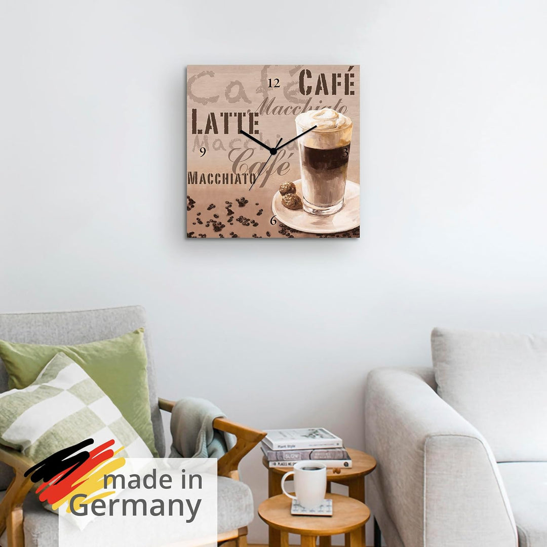 ARTLAND Wanduhr ohne Tickgeräusche Leinwand Funkuhr 30x30 cm Quadratisch Lautlos Kaffee Coffee Cafe