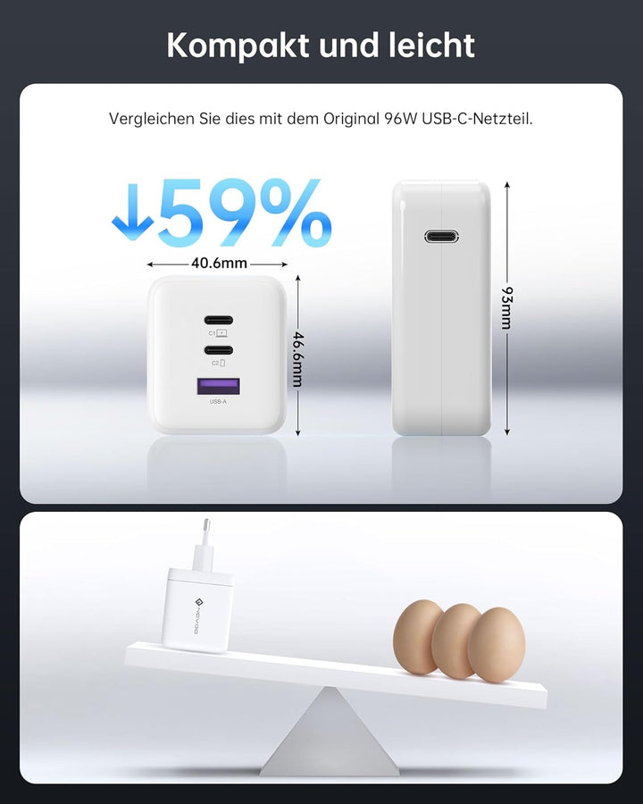 NOVOO 100W USB C Ladegerät GaN Ⅲ 3-Port USB C Netzteil Schnellladegerät PD MacBook Charger mit Ladek