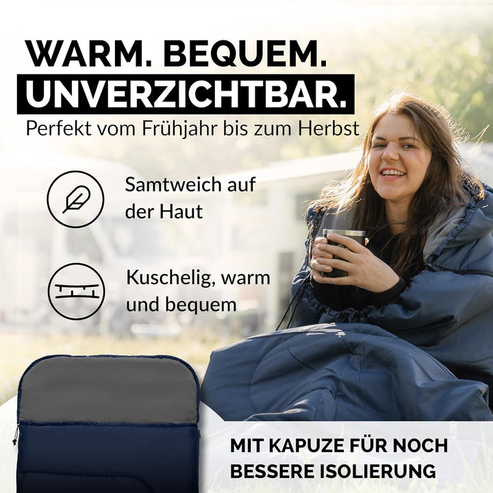 Deckenschlafsack mit Kapuze bis -3°C INKL. Kissen - Outdoor Winter-Schlafsack & Sommer-Schlafsack 3-