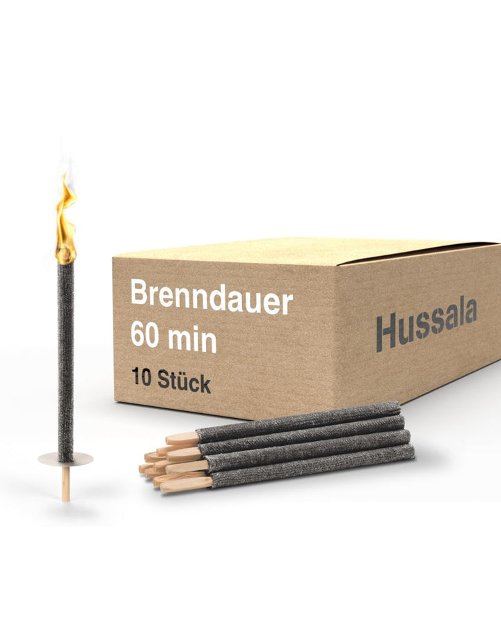 Hussala Diamond Wachsfackeln [10 Stück / 60 min] mit Holzstab und Tropschutz, Garten Fackeln aus Dia