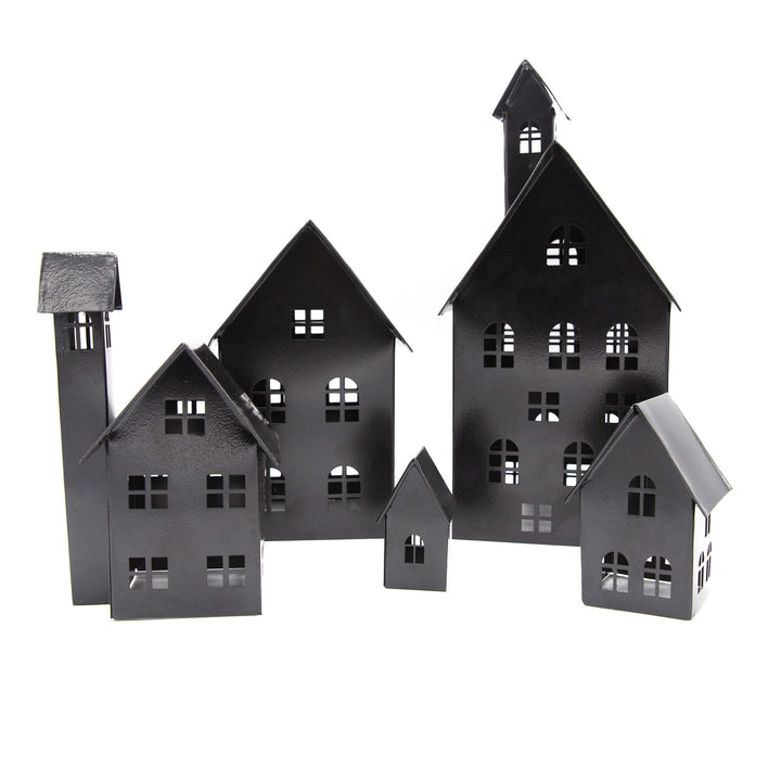 UNUS Deko Häuser 5er Set, Lichthäuser aus Metall, in Schwarz, Herbstdeko Outdoor, Weihnachtsdorf für