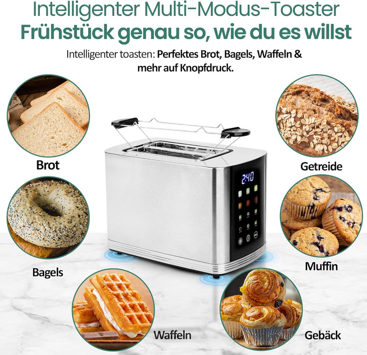 EMERIO Edelstahl Toaster mit grossem FARB Display | Touch | 2 Toastschlitze | Zentrierautomatik | Kr