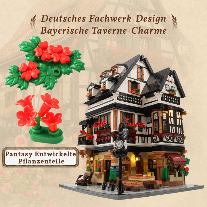 PANTASY Bayerisches Wirtshaus Bauset für Erwachsene mit USB-C-Licht | 3-stöckiges Fachwerk-Modell mi
