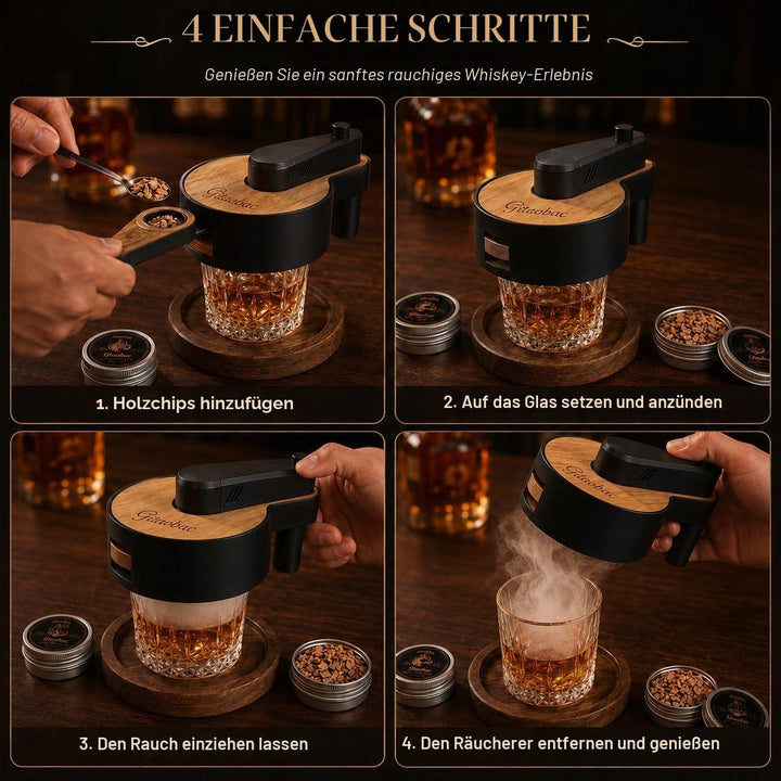 Whiskey-Smoker-Set mit integriertem Feuerzeug, 6 Sorten Holzspäne, 2 Gläser, 2 Eisballformen, Cockta