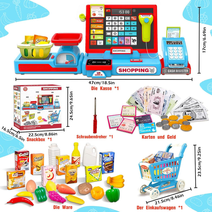 Kasse Kinder Spielzeug, Kinderkasse mit Scanner, Sound, Rechnerfunktion, Spielgeld und Zubehör, Kauf