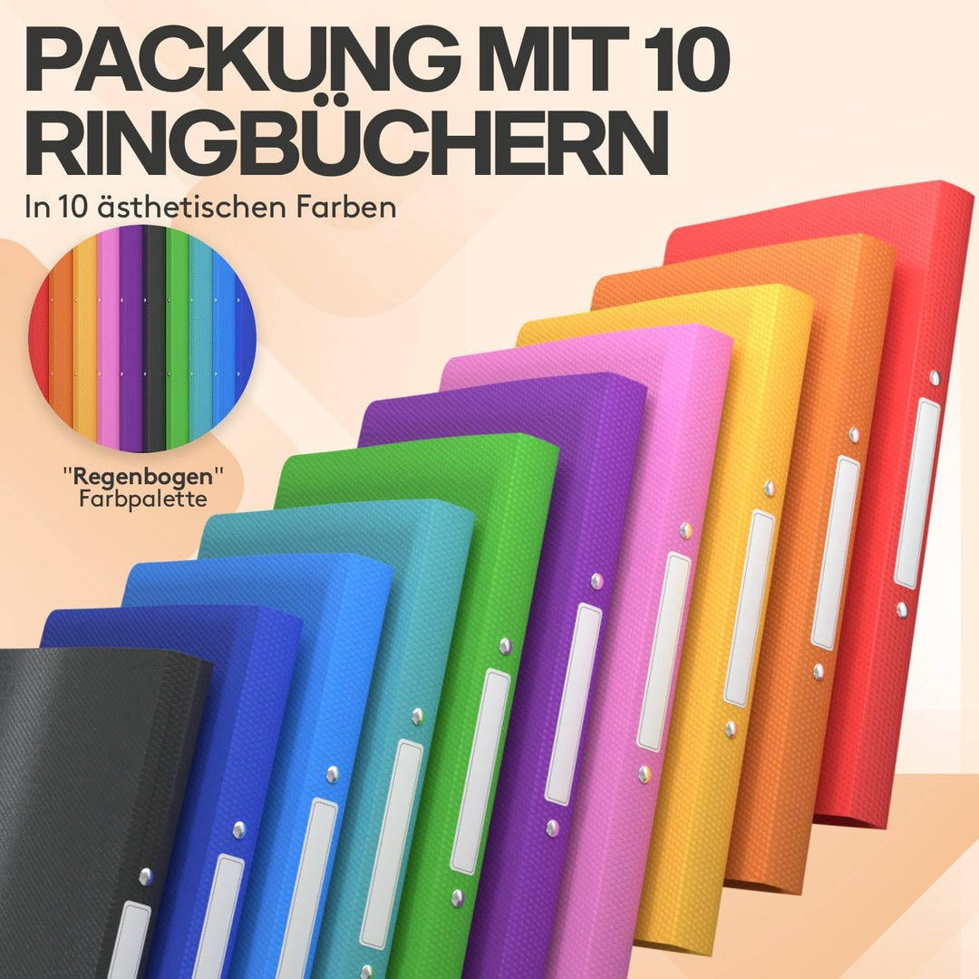 ACROPAQ - 10 x Ringbuch A4 - Mit 2 Ringen, Mit Rückenetiketten, Rückenbreite 2,5 cm, Regenbogen, Nat