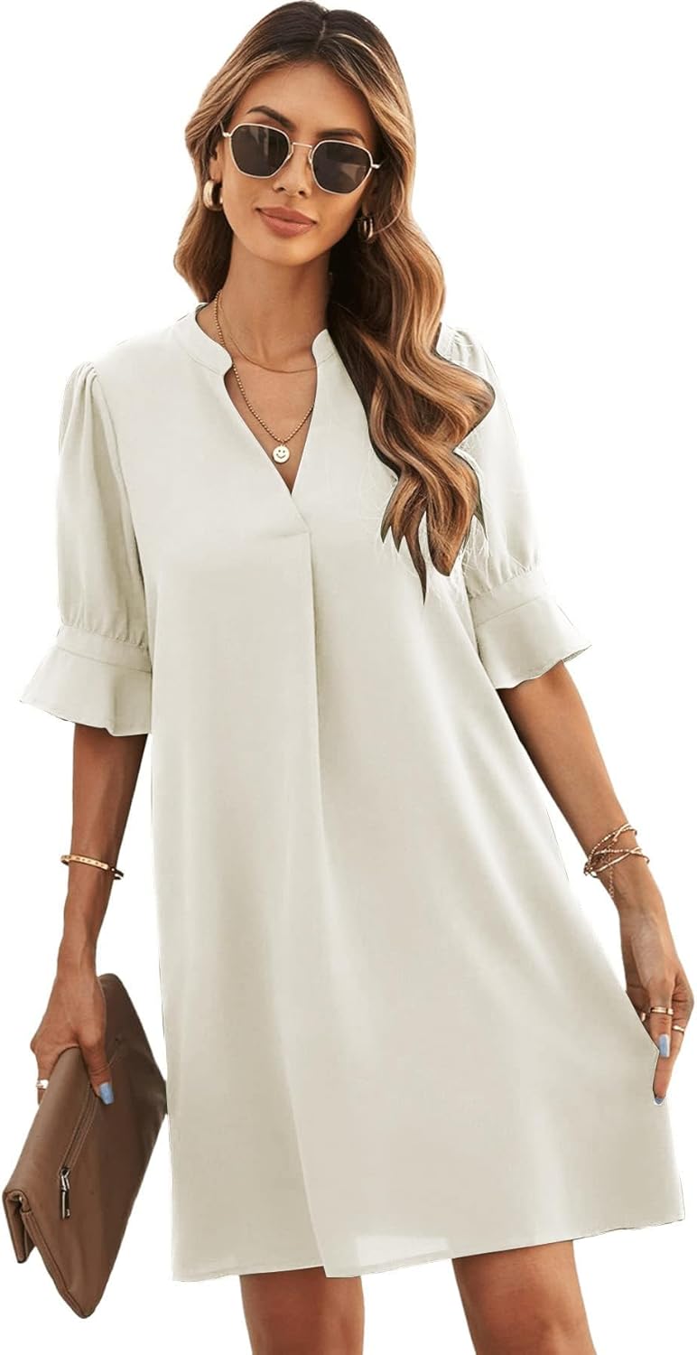 Famulily Frauen V-Ausschnitt Halbarm Hemdkleid Elegant Sommer Casual Einfarbig Kurzes Kleid S-XXL S