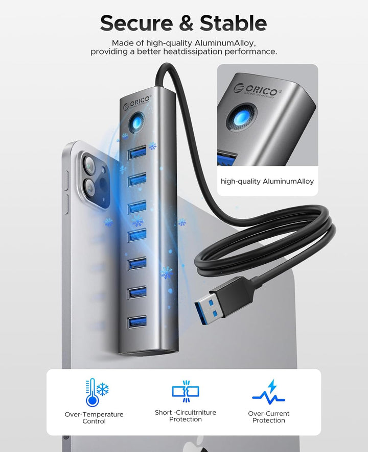 ORICO 7-Port USB-Hub - Aluminium USB Verteiler mit 100 cm Kabel, USB 3.0 5Gbps Datenrate, 5V 3A Type