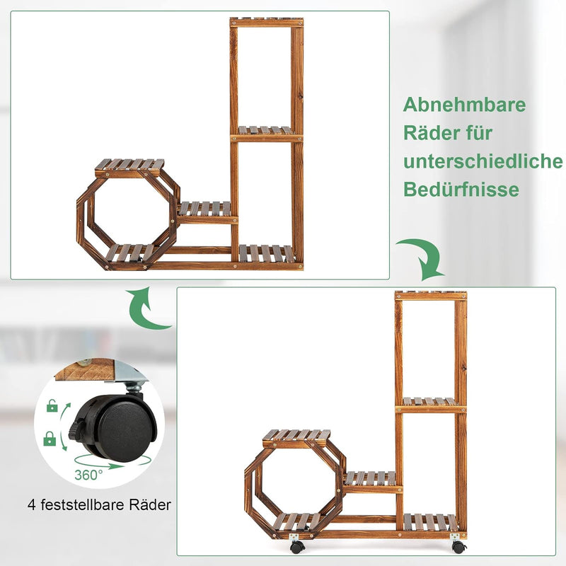 RELAX4LIFE Pflanzenständer Holz, Blumenregal auf Rollen, Blumenständer Mehrstöckig, Blumentreppe Fre